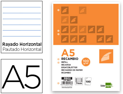 RECAMBIO LIDERPAPEL A5 100 H 100G/M2 HORIZONTAL CON MARGEN 6 TALADROS
