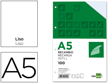 RECAMBIO LIDERPAPEL A5 100 H 100G/M2 LISO CON MARGEN 6 TALADROS