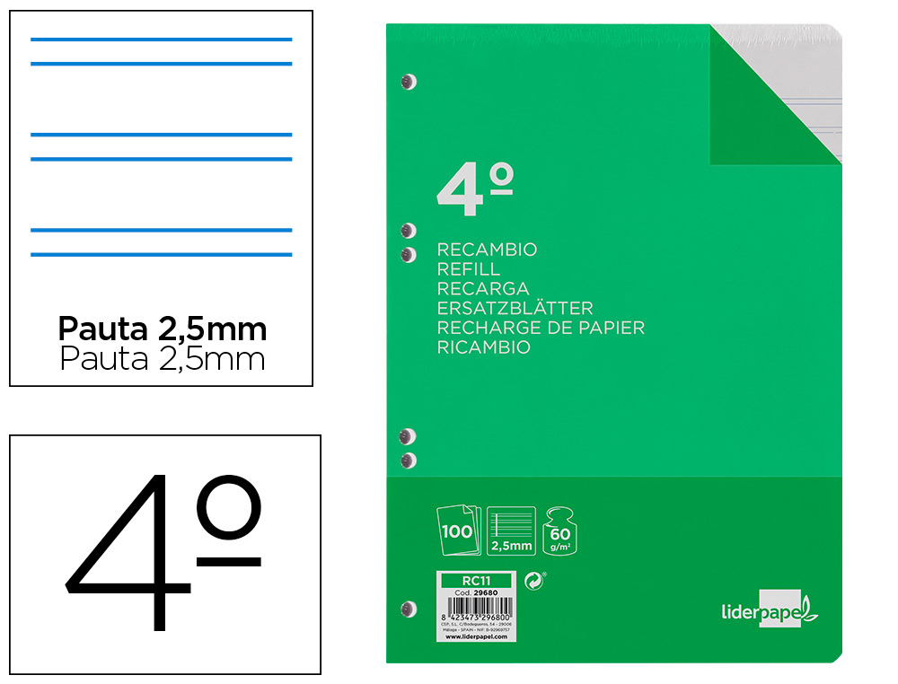 RECAMBIO LIDERPAPEL CUARTO 100 HOJAS 60G/M2 PAUTA 5 2.5MM CON MARGEN 6 TALADROS