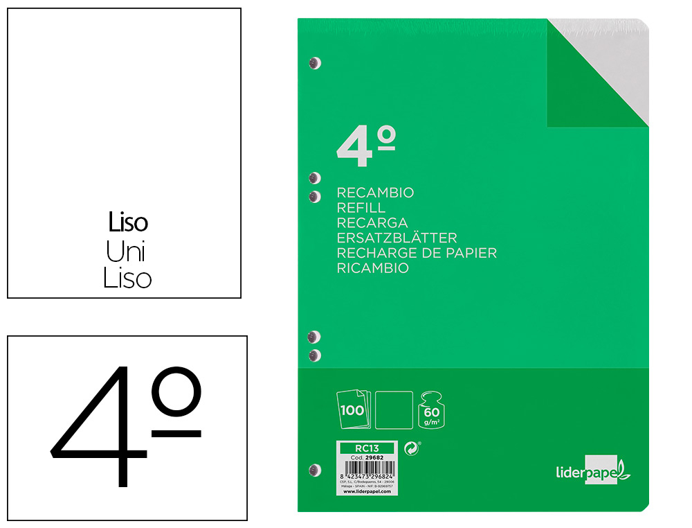 RECAMBIO LIDERPAPEL CUARTO 100 HOJAS 60G/M2 LISO SIN MARGEN 6 TALADROS