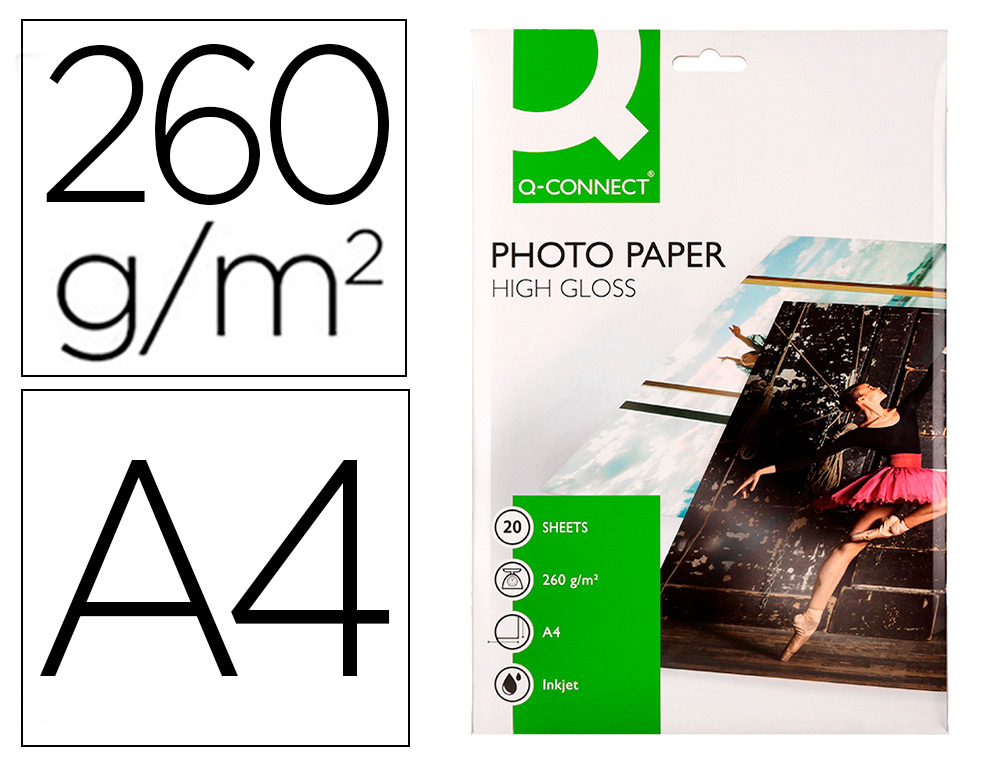 PAPEL Q-CONNECT FOTO GLOSSY KF02163 DIN A4 ALTA CALIDAD DIGITAL PHOTO PARA INK-JET BOLSA DE 20 HOJAS DE 260 GR