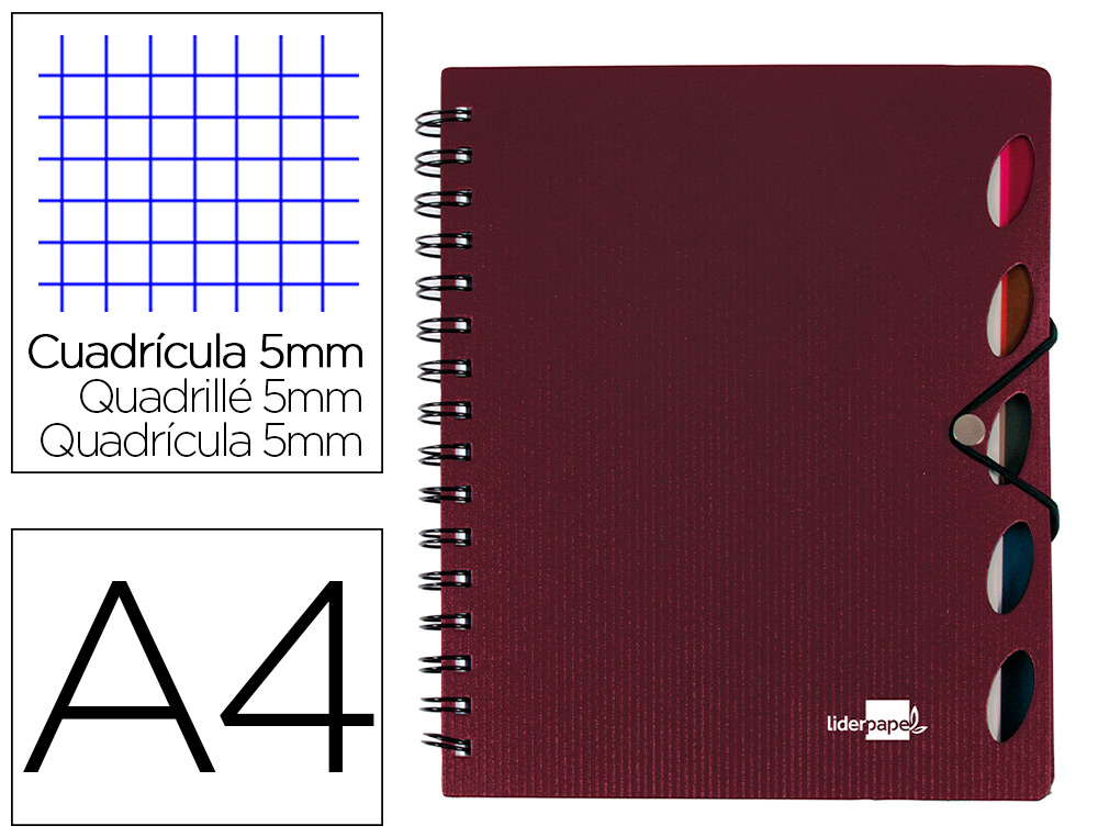 CUADERNO ESPIRAL LIDERPAPEL A4 MICRO EXECUTIVE TAPA PLASTICO 100H 80 GR CUADRO 5MM 5 SEPARADORES CON GOMILLA BURDEOS