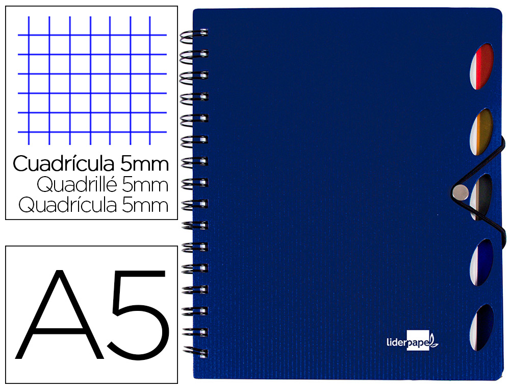 CUADERNO ESPIRAL LIDERPAPEL A5 MICRO EXECUTIVE TAPA PLASTICO 100H 80 GR CUADRO 5MM 5 SE PARADORES CON GOMILLA AZUL