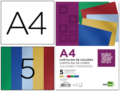 CARTULINA LIDERPAPEL A4 235 G/M2 METALIZADA 5 COLORES SURTIDOS PAQUETE DE 50 HOJAS