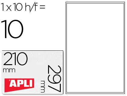 ETIQUETAS ADHESIVAS APLI TRANSPARENTES POLIESTER PARA IMPRESORA INK-JET 210X297 MM PRESENTADAS EN CARPETAS DE 10