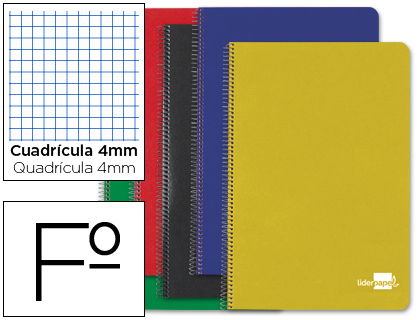 CUADERNO ESPIRAL LIDERPAPEL FOLIO TAPA DURA 80H 60 GR CUADRO 4MM CON MARGEN COLORES SURTIDOS