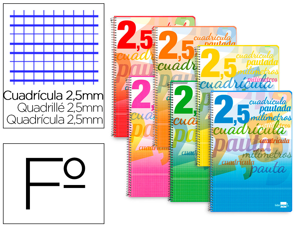 CUADERNO ESPIRAL LIDERPAPEL FOLIO PAUTAGUIA TAPA BLANDA 80H 75 GR CUADRO PAUTADO 2,5MM CON MARGEN COLORES SURTIDOS