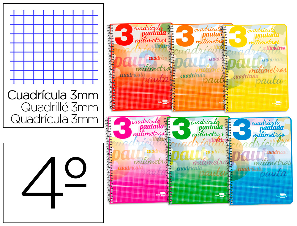 CUADERNO ESPIRAL LIDERPAPEL CUARTO PAUTAGUIA TAPA BLANDA 40H 75 GR CUADRO PAUTADO 3 MM CON MARGEN COLORES SURTIDOS