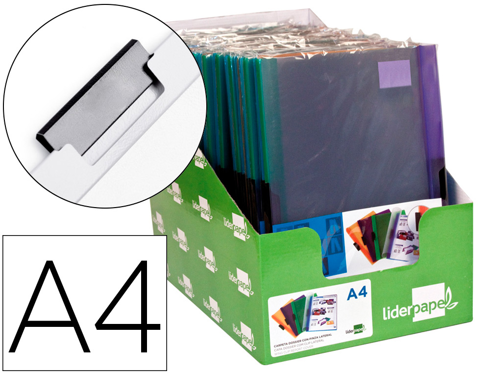 CARPETA LIDERPAPEL DOSSIER PINZA LATERAL POLIPROPILENO DIN A4 30 HOJAS PACK DE 4 COLORES SURTIDOS