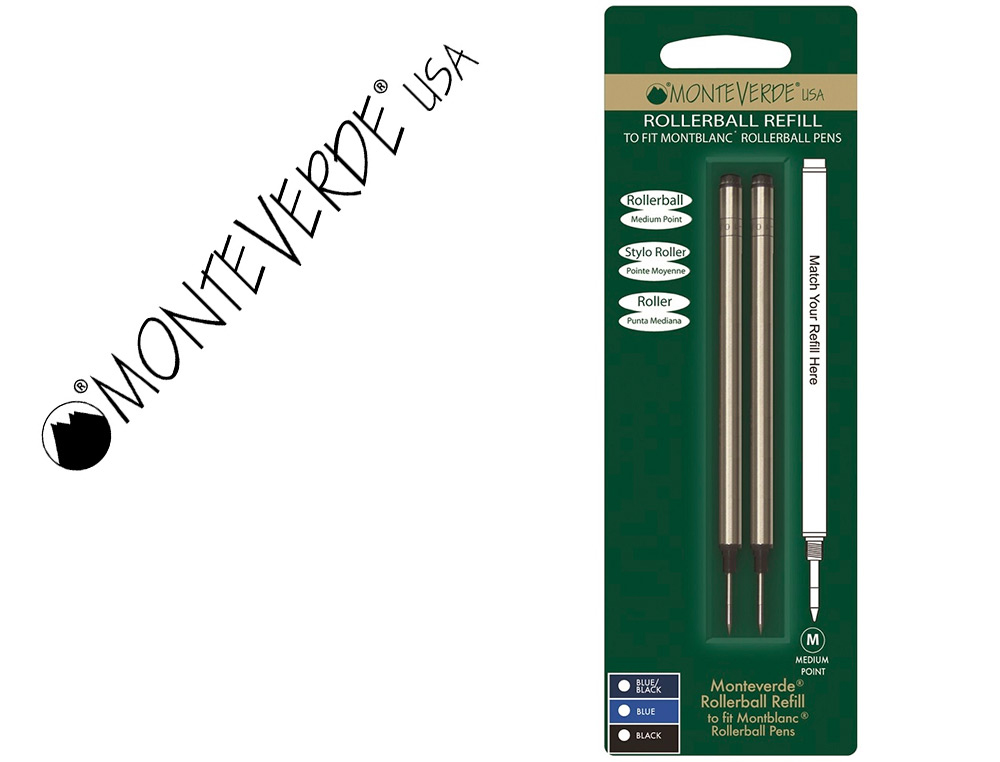 RECAMBIO ROLLER GEL MONTEVERDE COMPATIBLES CON LOS DE MONTBLANC BLISTER 2 UNIDADES COLOR NEGRO PUNTA MEDIA