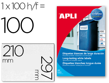 ETIQUETAS ADHESIVAS APLI 12121 TAMAO 210X297 MM POLIESTER RESISTENTE A LA INTERPERIE IMPRESION LASER