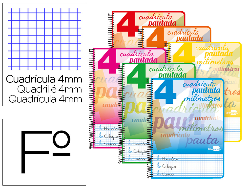 CUADERNO ESPIRAL LIDERPAPEL FOLIO PAUTAGUIA TAPA DURA 80H 75 GR CUADRO PAUTADO 4MMCON MARGEN COLORES SURTIDOS