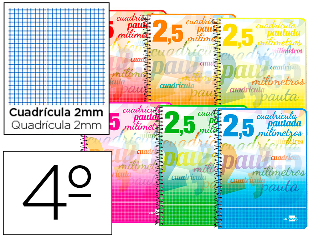 CUADERNO ESPIRAL LIDERPAPEL CUARTO PAUTAGUIA TAPA BLANDA 40H 75 GR CUADRO PAUTADO 2,5MMCON MARGEN COLORES SURTIDOS