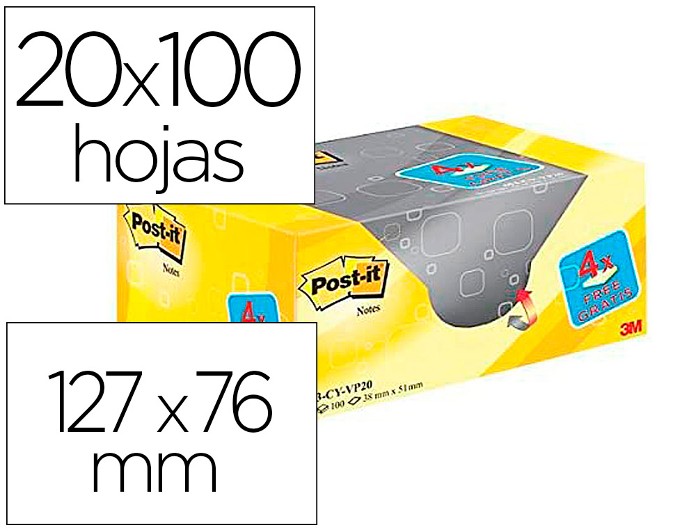 BLOC DE NOTAS ADHESIVAS QUITA Y PON POST-IT AMARILLO CANARIO 76X127 MM PACK PROMOCIONAL 16+4 GRATIS