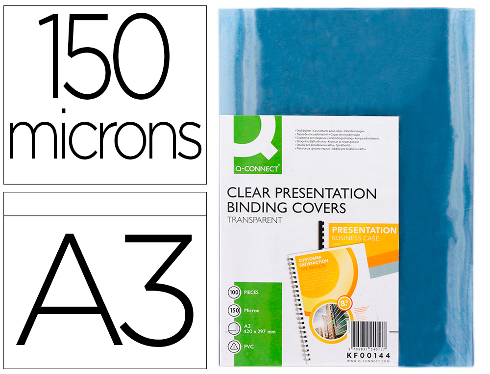 TAPA DE ENCUADERNACION Q-CONNECT PVC DIN A3 INCOLORA 150 MC CAJA DE 100 UNIDADES