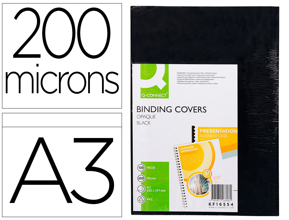 TAPA DE ENCUADERNACION Q-CONNECT PVC DIN A3 OPACA NEGRA 200 MC CAJA DE 100 UNIDADES
