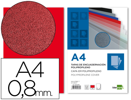 TAPA ENCUADERNACION LIDERPAPEL POLIPROPILENO A4 0.8MM ROJO OPACO PAQUETE DE 50 UNIDADES