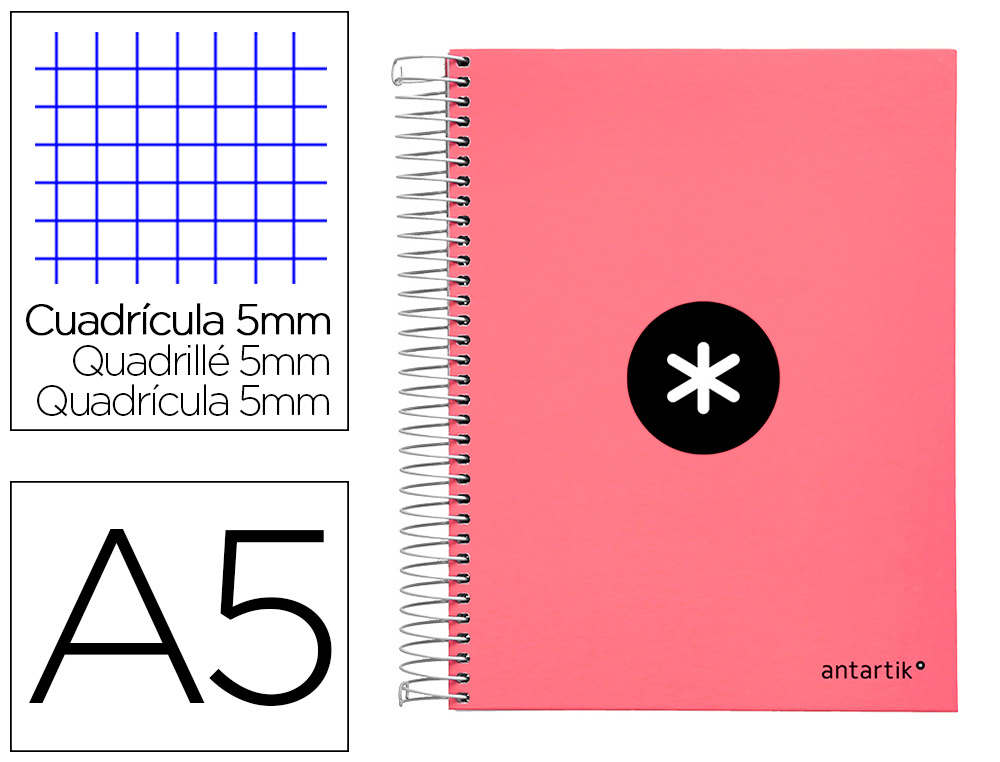 CUADERNO ESPIRAL LIDERPAPEL A5 MICRO ANTARTIK TAPA FORRADA120H 90 GR CUADRO 5 MM 5 BAND 6 TALADROS COLOR CORAL