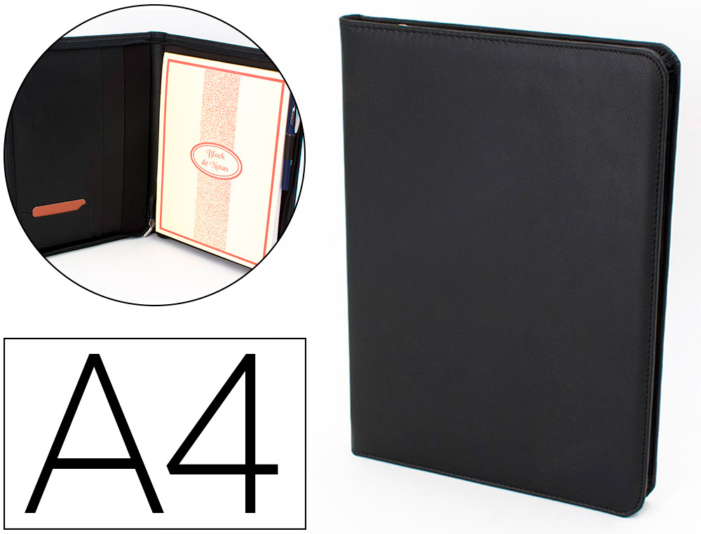 CARPETA PORTAFOLIOS Q-CONNECT ARTESANIA A4 SIMILPIEL NEGRO CREMALLERA Y DPTOS. 332X262X30 MM FABRICADA EN UBRIQUE