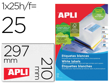 ETIQUETA ADHESIVA APLI 1215 TAMAO 210X297 MM PARA FOTOCOPIADORA LASER INK-JET CAJA CON 25 HOJAS CON 25