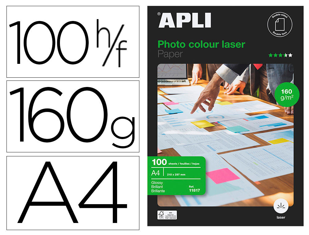 PAPEL FOTOGRAFICO APLI GLOSSY DOBLE CARA DIN A4 PACK DE 100 HOJAS 160 GR