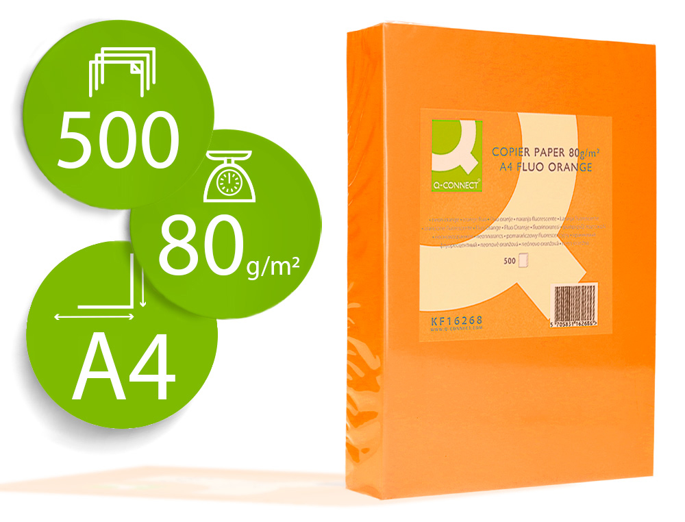 PAPEL COLOR Q-CONNECT DIN A4 80GR NARANJA NEON PAQUETE DE 500 HOJAS