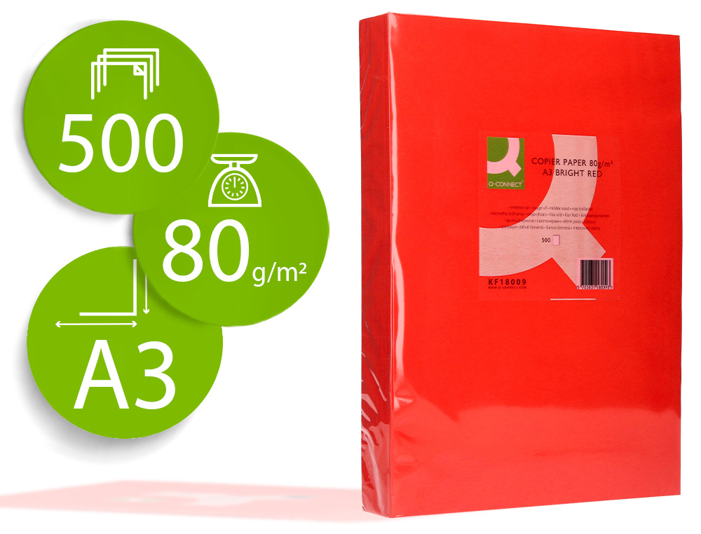 PAPEL COLOR Q-CONNECT DIN A3 80GR ROJO INTENSO PAQUETE DE 500 HOJAS