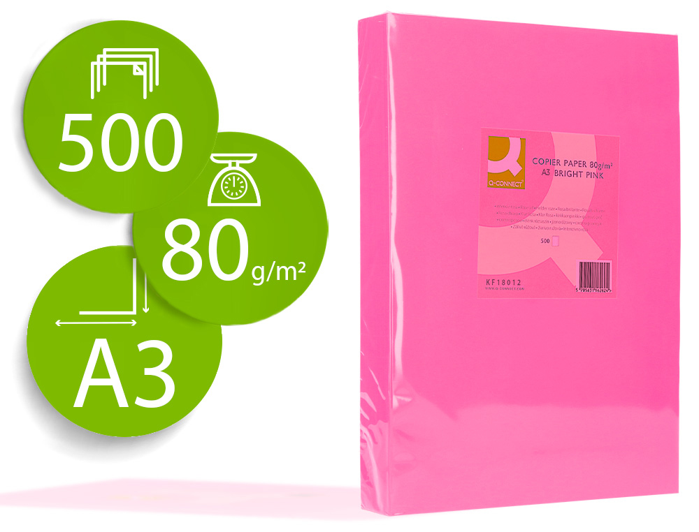 PAPEL COLOR Q-CONNECT DIN A3 80GR ROSA INTENSO PAQUETE DE 500 HOJAS