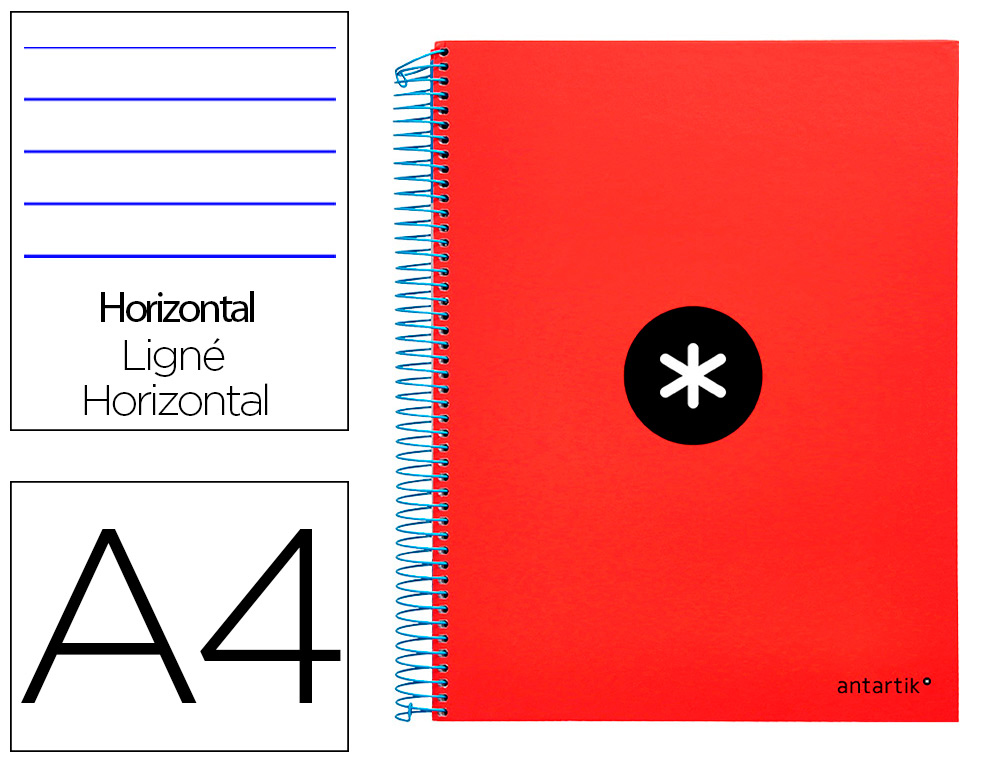 CUADERNO ESPIRAL A4 MICRO ANTARTIK TAPA FORRADA 120H 100 GR HORIZONTAL 5 BANDAS 4 TALADROS COLOR ROJO