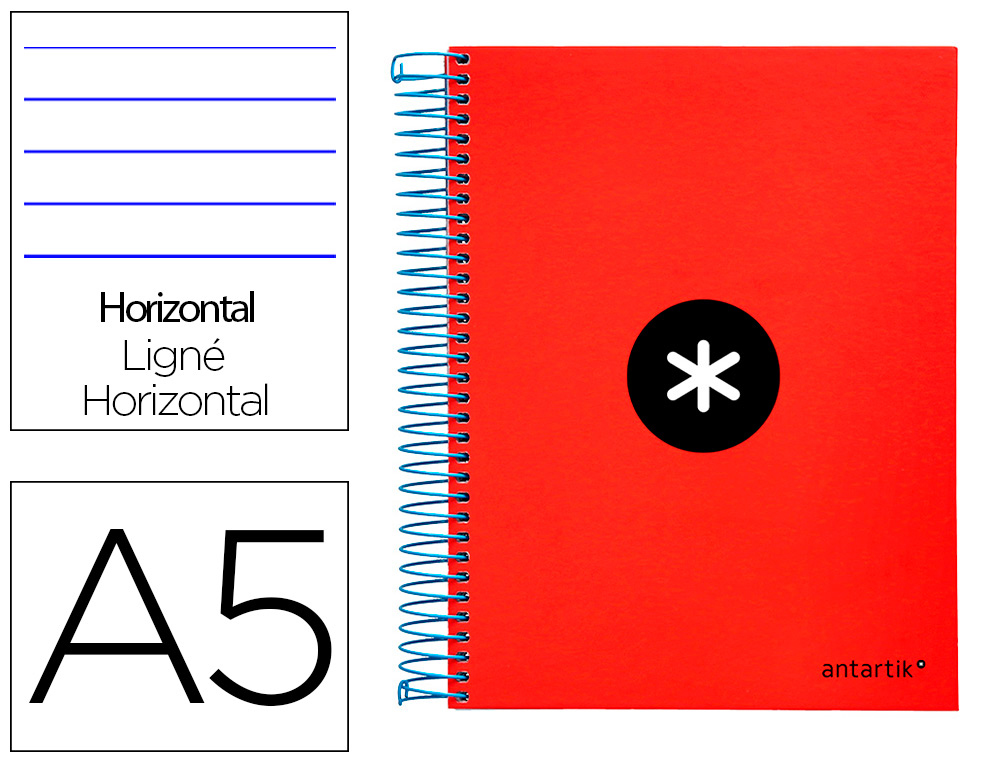 CUADERNO ESPIRAL A5 MICRO ANTARTIK TAPA FORRADA 120H 90 GR HORIZONTAL 5 BANDAS 6 TALADROS COLOR ROJO