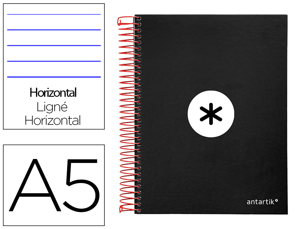 CUADERNO ESPIRAL A5 MICRO ANTARTIK TAPA FORRADA 120H 90 GR HORIZONTAL 5 BANDAS 6 TALADROS COLOR NEGRO