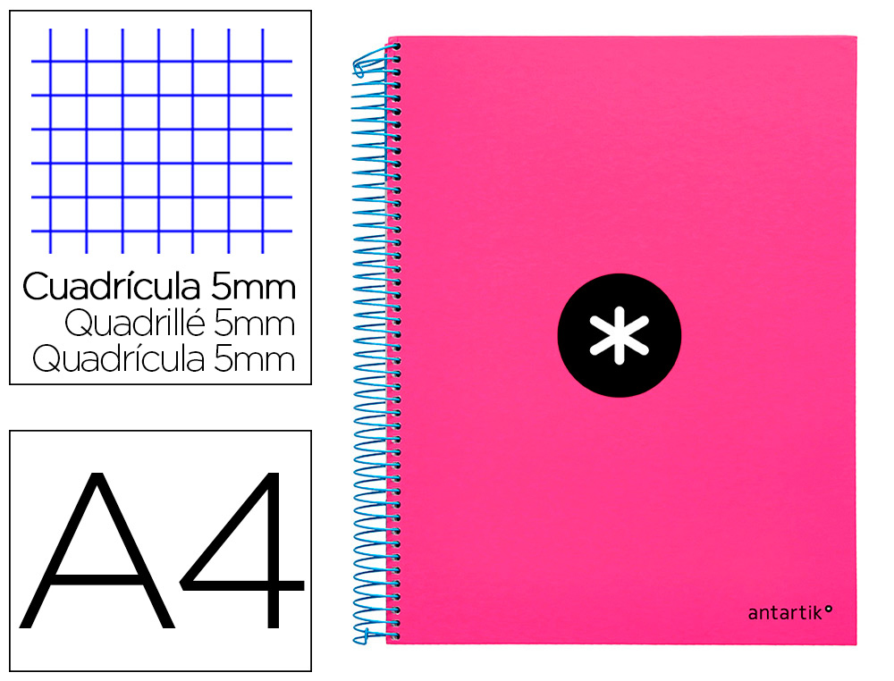 CUADERNO ESPIRAL A4 MICRO ANTARTIK TAPA FORRADA120H 100 GR CUADRO 5MM 5 BANDAS 4 TALADROS COLOR ROSA