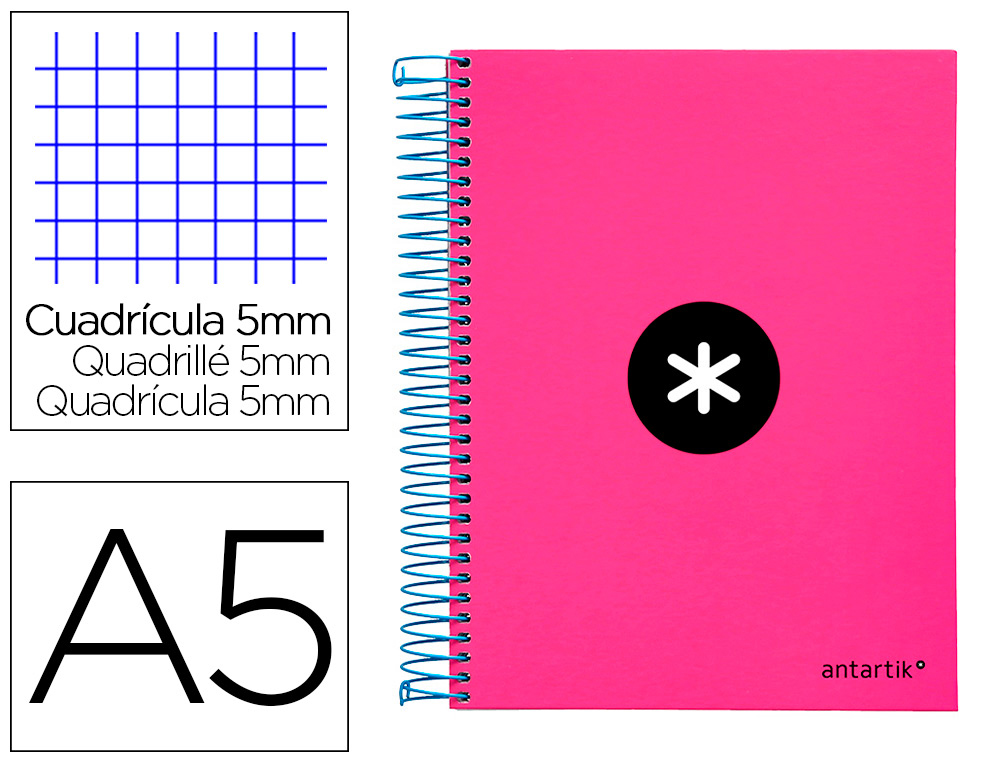 CUADERNO ESPIRAL LIDERPAPEL A5 MICRO ANTARTIK TAPA FORRADA120H 100 GR CUADRO 5MM 5 BANDAS 6 TALADROS COLOR ROSA