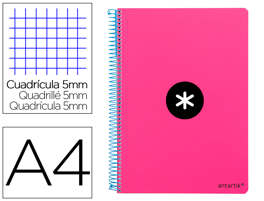 CUADERNO ESPIRAL LIDERPAPEL A4 MICRO ANTARTIK TAPA DURA 80H 100 GR CUADRO 5MM SIN BANDAS 4 TALADROS COLOR ROSA FLUOR