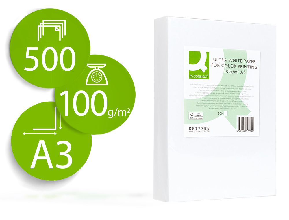 PAPEL FOTOCOPIADORA Q-CONNECT ULTRA WHITE DIN A3 100 GRAMOS PAQUETE DE 500 HOJAS