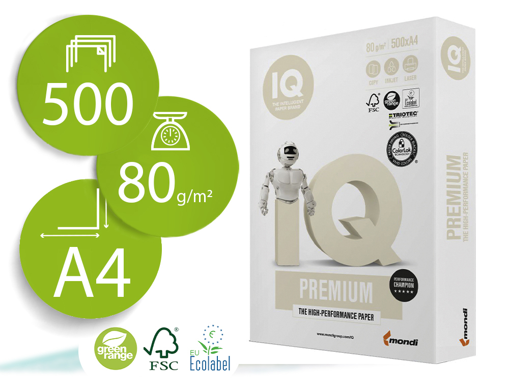 PAPEL FOTOCOPIADORA IQ PREMIUM DIN A4 80 GRAMOS PAQUETE DE 500 HOJAS