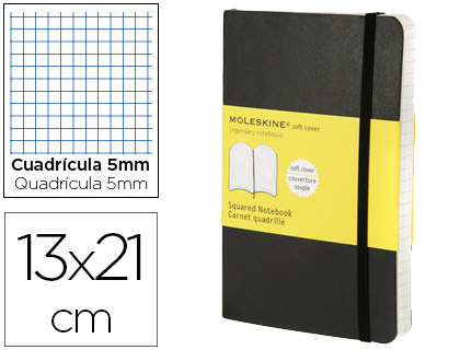 LIBRETA MOLESKINE TAPA BLANDA CUADRO 5 MM 240 HOJAS COLOR NEGRO CIERRE CON GOMA 130X210 MM