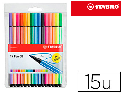 ROTULADOR STABILO ACUARELABLE PEN 68 ESTUCHE DE 10 COLORES ESTANDAR + 5 COLORES NEON