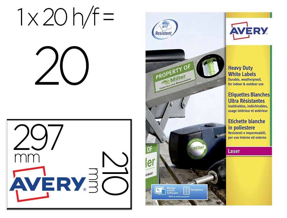 ETIQUETA ADHESIVA RESISTENTE AVERY POLIESTER BLANCA 210X297 MM LASER PACK DE 20 UNIDADES