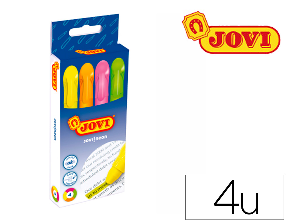 MARCADOR DE CERA GEL JOVI FLUORESCENTE CAJA DE 4 UNIDADES COLORES SURTIDOS