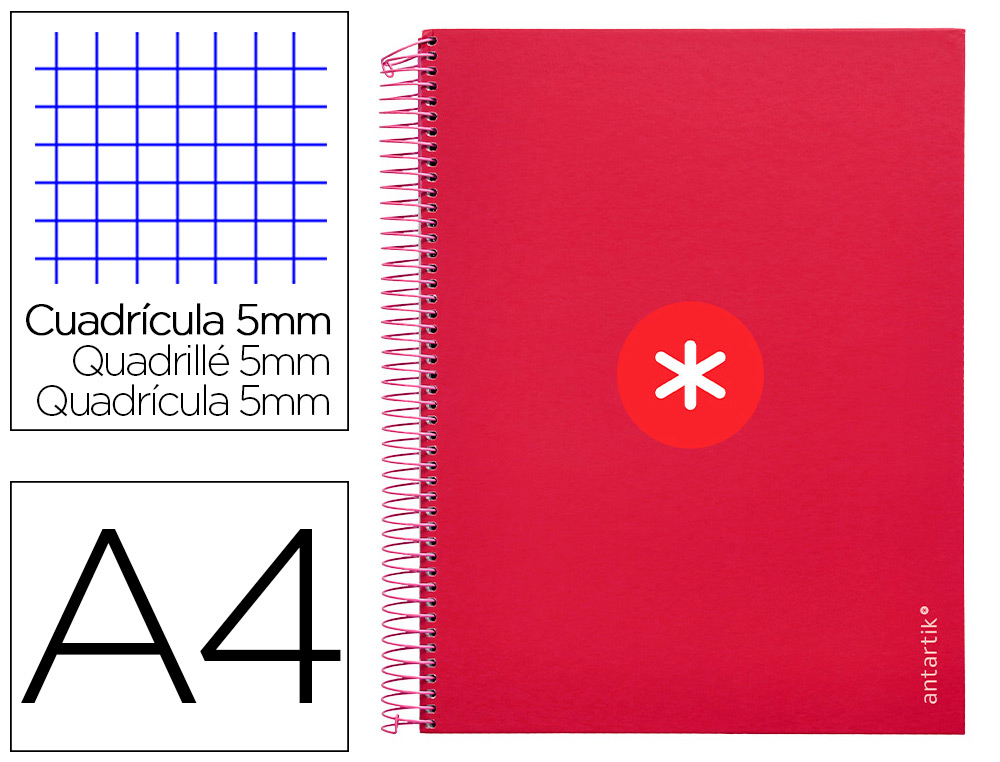 CUADERNO ESPIRAL A4 MICRO ANTARTIK TAPA FORRADA120H 100 GR CUADRO 5MM 5 BANDA4 TALADROS COLOR FRAMBUESA