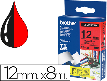 CINTA BROTHER TZE431 LAMINADA NEGRO-ROJO 12MM X 8MTS