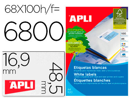 ETIQUETAS ADHESIVAS APLI 01282 TAMAO 48,5X16,9 MM PARA FOTOCOPIADORA LASER INK-JET CAJA DE 100H DINA4 6800 ETIQU