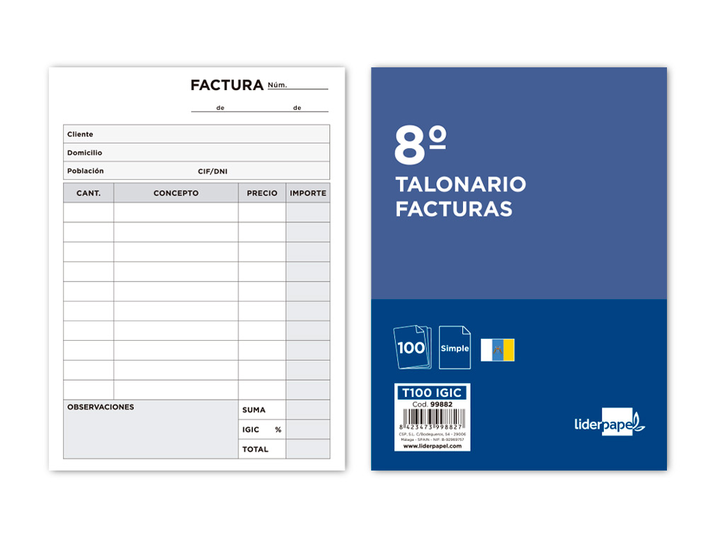 TALONARIO LIDERPAPEL FACTURAS 8 ORIGINAL T100 CON I.G.I.C.