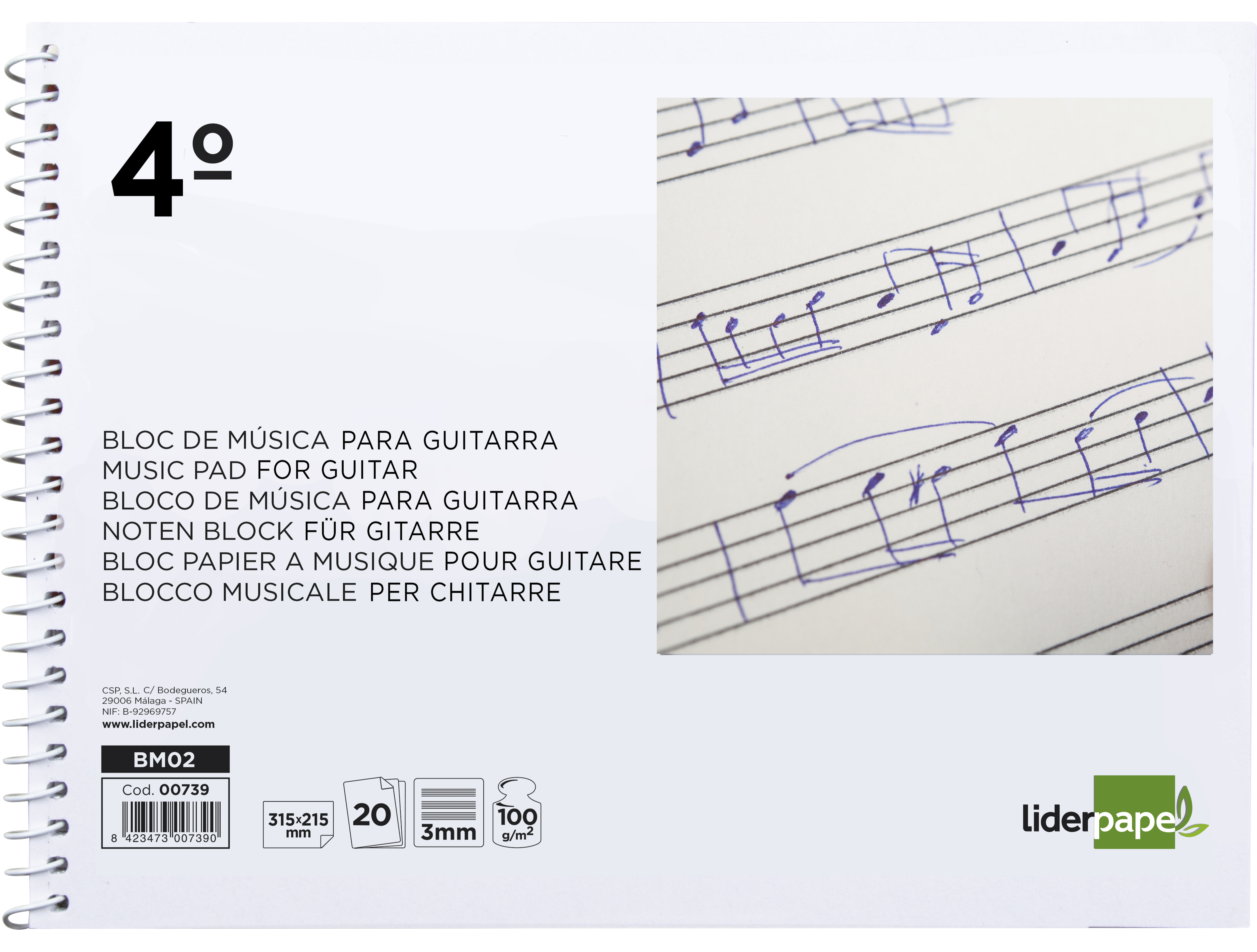 BLOC MUSICA LIDERPAPEL PARA GUITARRA HEXAGRAMA 3 MM CUARTO 20 HOJAS 100G/M2