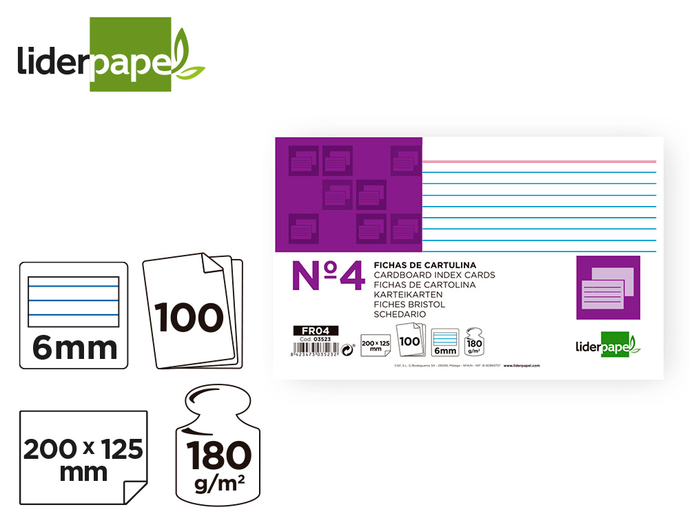 FICHA LIDERPAPEL RAYADA N4 125X200 MM 180G/M2 PAQUETE DE 100 UNIDADES