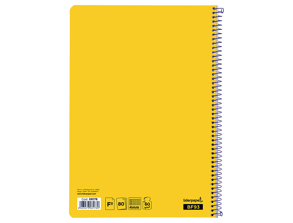 CUADERNO ESPIRAL LIDERPAPEL FOLIO SMART TAPA BLANDA 80H 60GR CUADRO 4MM CON MARGEN COLOR AMARILLO