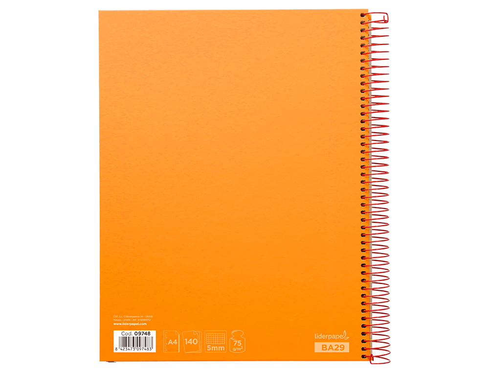 CUADERNO ESPIRAL LIDERPAPEL A4 MICRO JOLLY TAPA FORRADA 140H 75 GR CUADRO 5MM 5 BANDAS4 TALADROS COLOR NARANJA