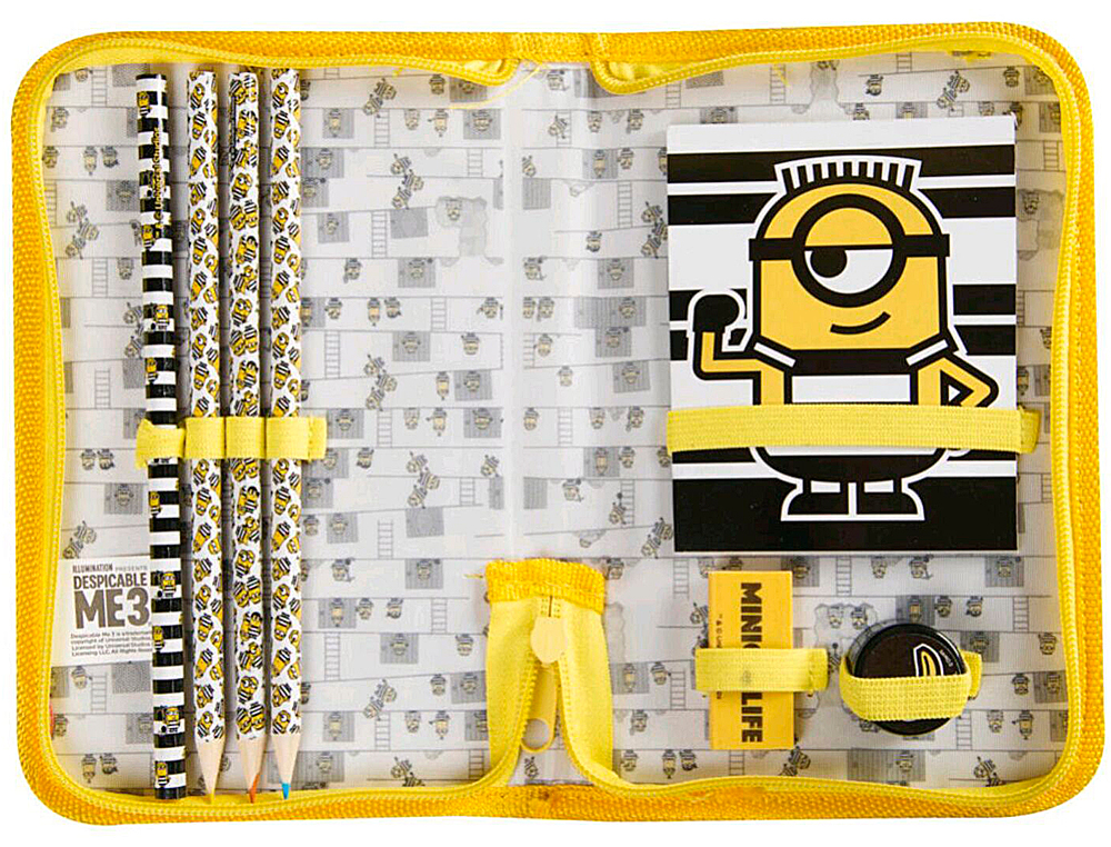 BOLSO PORTATODO CON CREMALLERA MINIONS CON LIBRETA GOMA SACAPUNTAS Y LAPICES COLORES