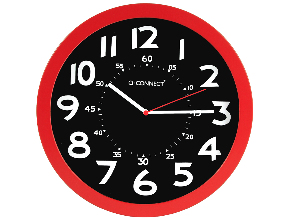 RELOJ Q-CONNECT DE PARED PLASTICO OFICINA REDONDO 30 CM COLOR ROJO Y ESFERA COLOR NEGRO